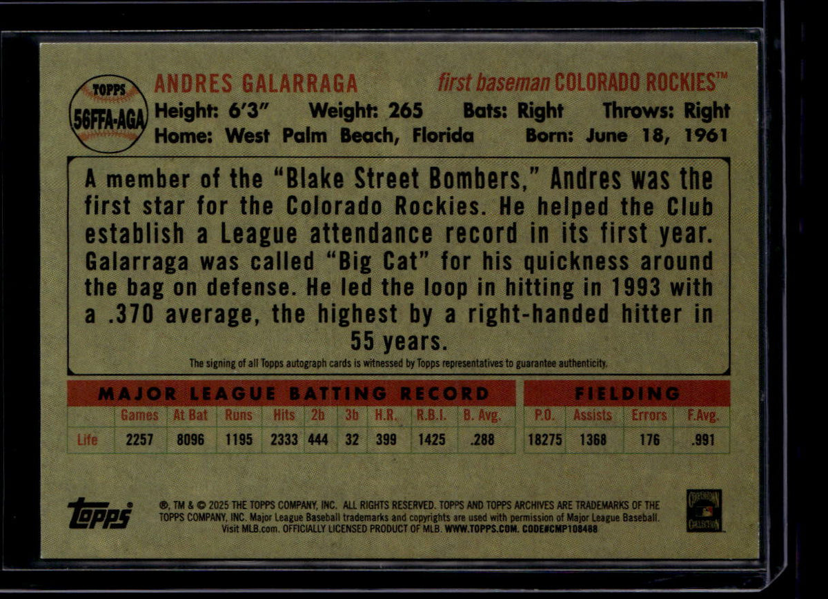 SOLD 180412 2025 Topps Archives 56 Fan Favorites Autographs Gold Andres Galarraga Auto 43/50