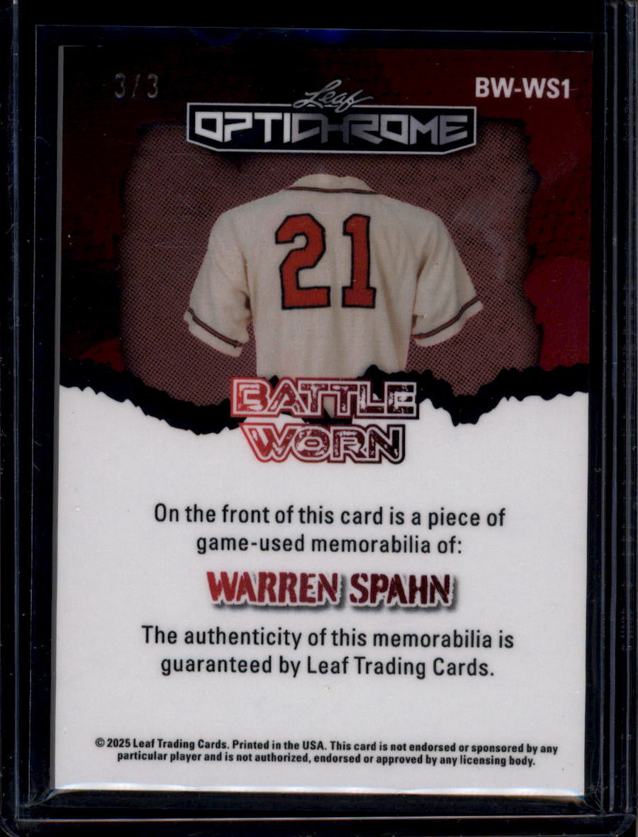 2025 Leaf Optichrome Battle Worn Purple Lava bwws1 Warren Spahn Jersey 3/3