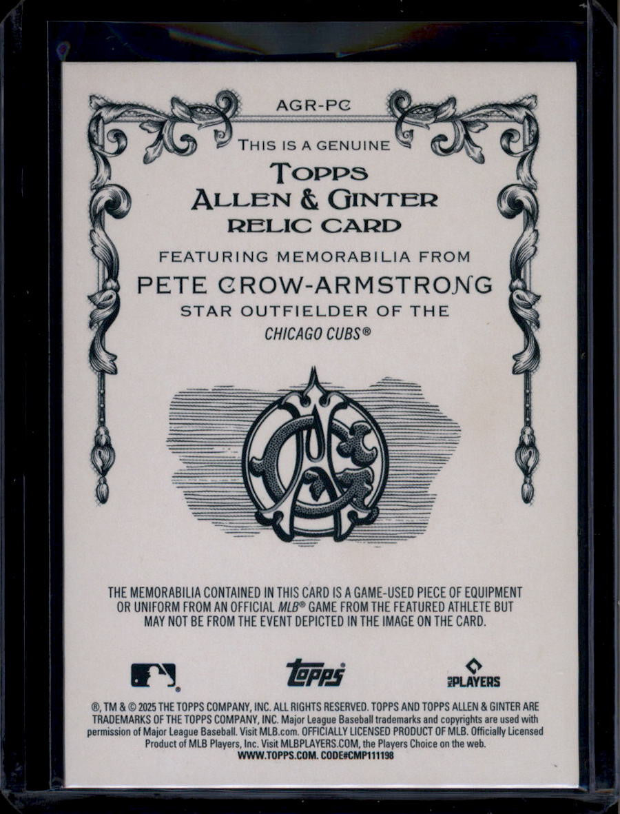 SOLD 180419 2025 Topps Allen and Ginter Relic Gold Filigree Pete Crow-Armstrong Jersey 10/50
