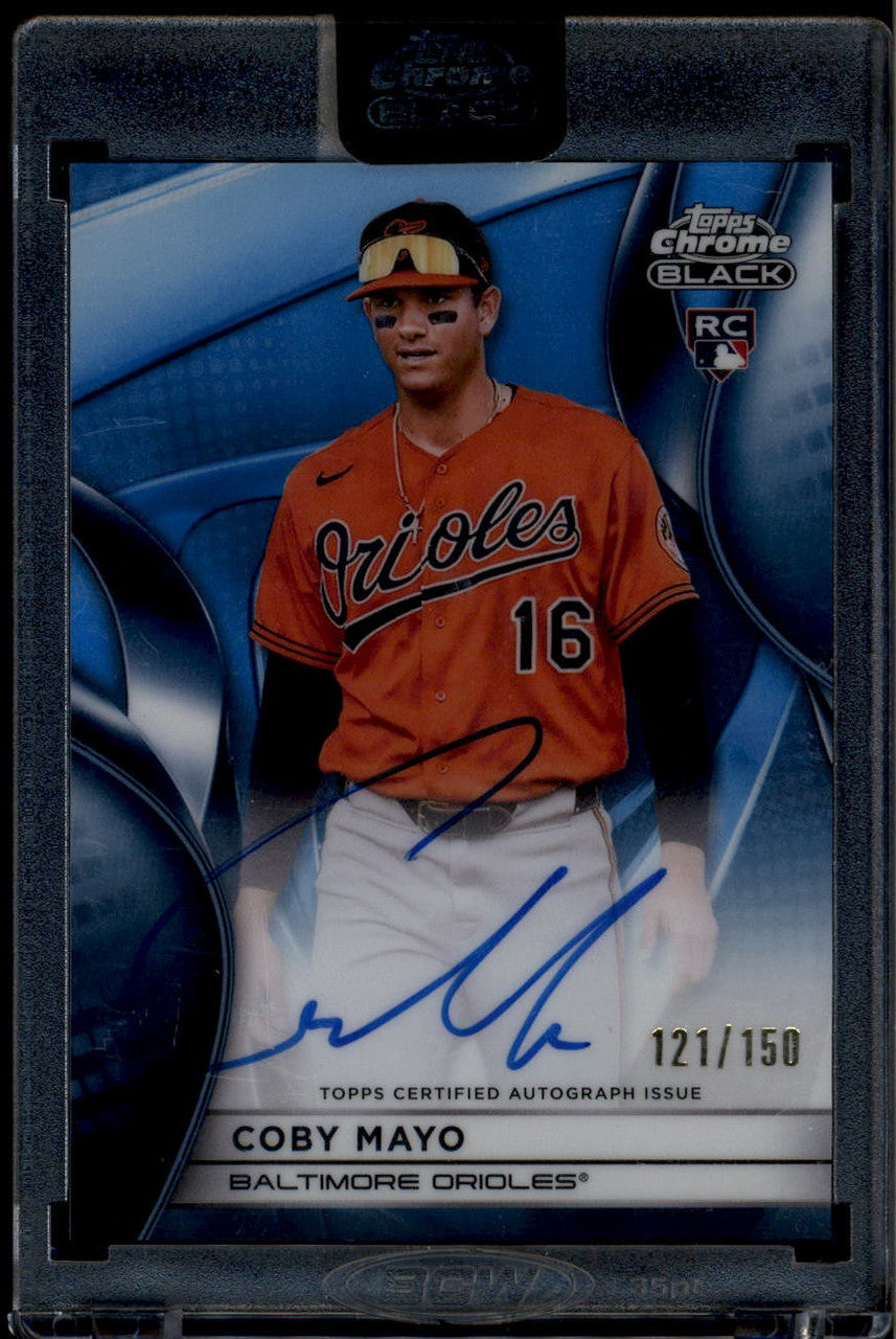 SOLD 180422 2025 Topps Chrome Black Autographs Blue Refractor Coby Mayo RC Auto 121/150