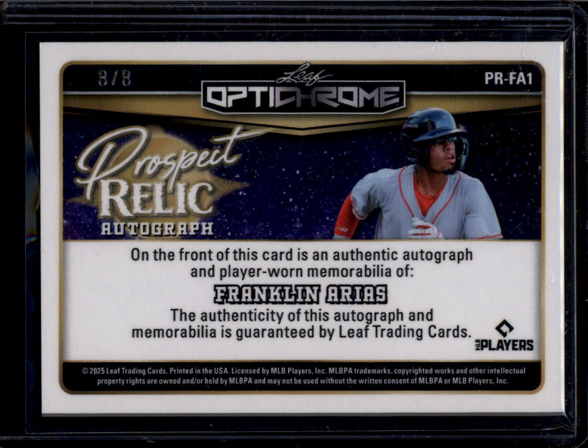 SOLD 180425 2025 Leaf Optichrome Prospect Relic Autographs Franklin Arias RC Jersey Auto 8/8