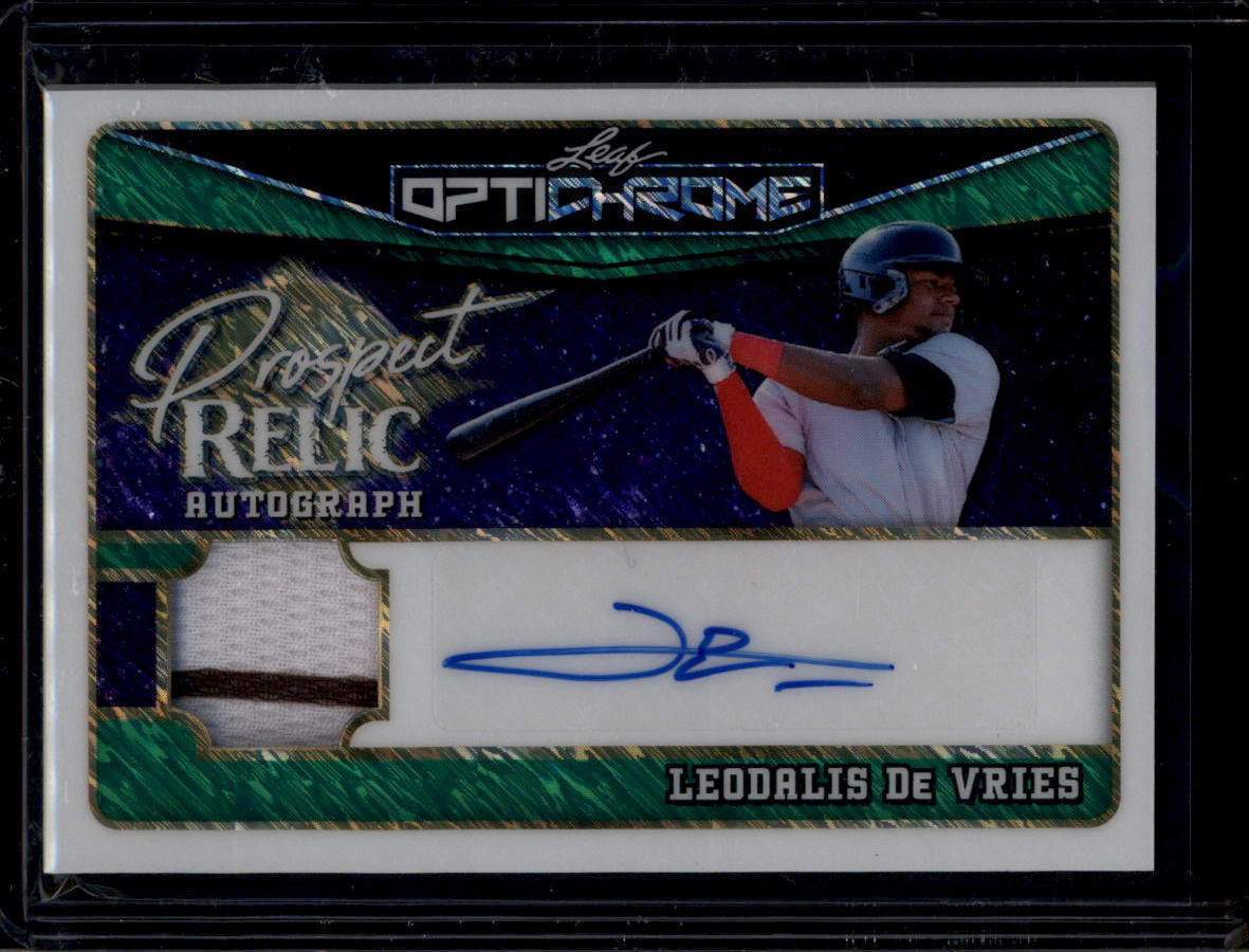 SOLD 180426 2025 Leaf Optichrome Prospect Relic Autographs Leo De Vries RC Jersey Auto 4/6