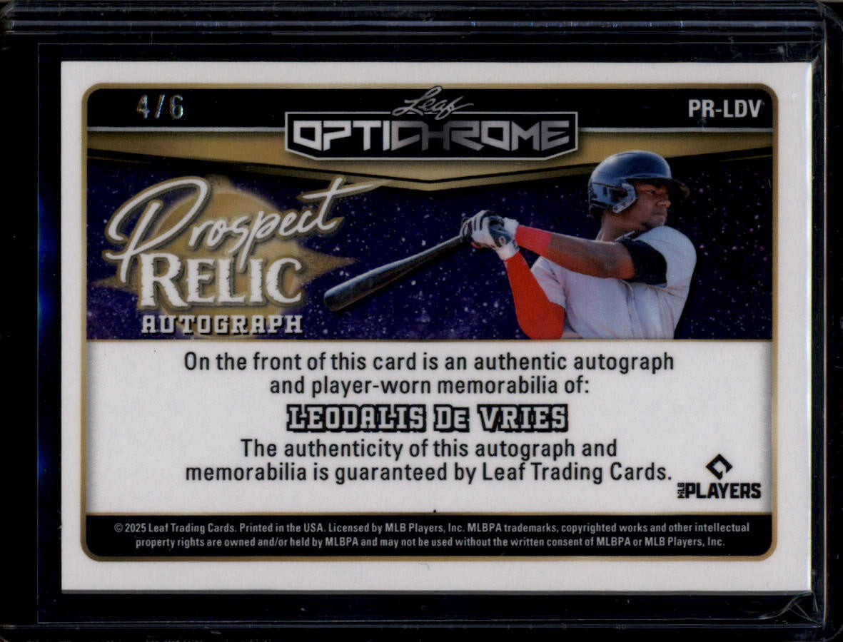 SOLD 180426 2025 Leaf Optichrome Prospect Relic Autographs Leo De Vries RC Jersey Auto 4/6