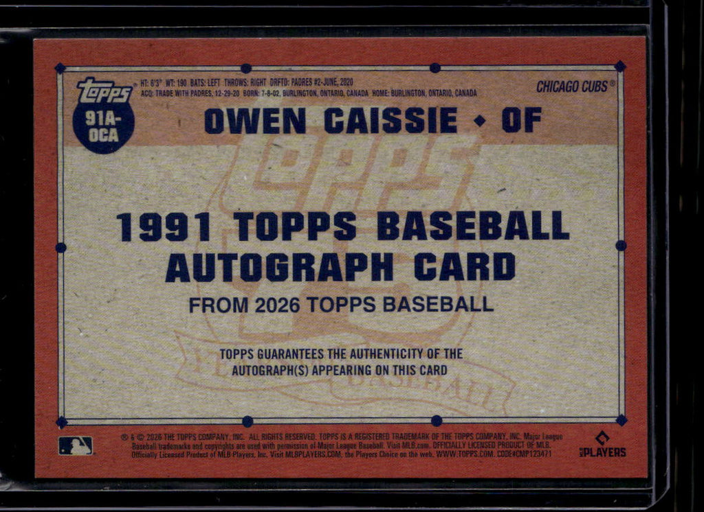 2026 Topps '91 Topps Autographs 91aoca Owen Caissie Rookie Auto