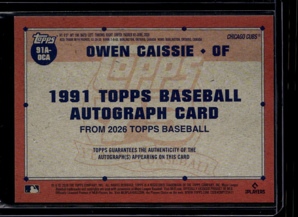 2026 Topps '91 Topps Autographs 91aoca Owen Caissie Rookie Auto
