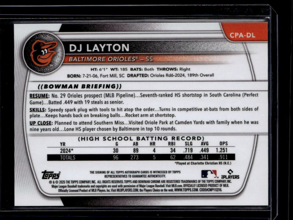 2025 Bowman Chrome Prospect Autographs Green Refractor DJ Layton RC Auto 22/99