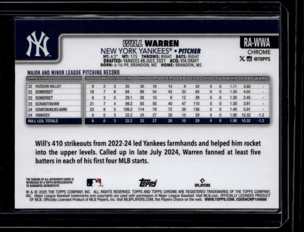 2025 Topps Chrome Rookie Autographs RAWWA Will Warren Rookie Auto