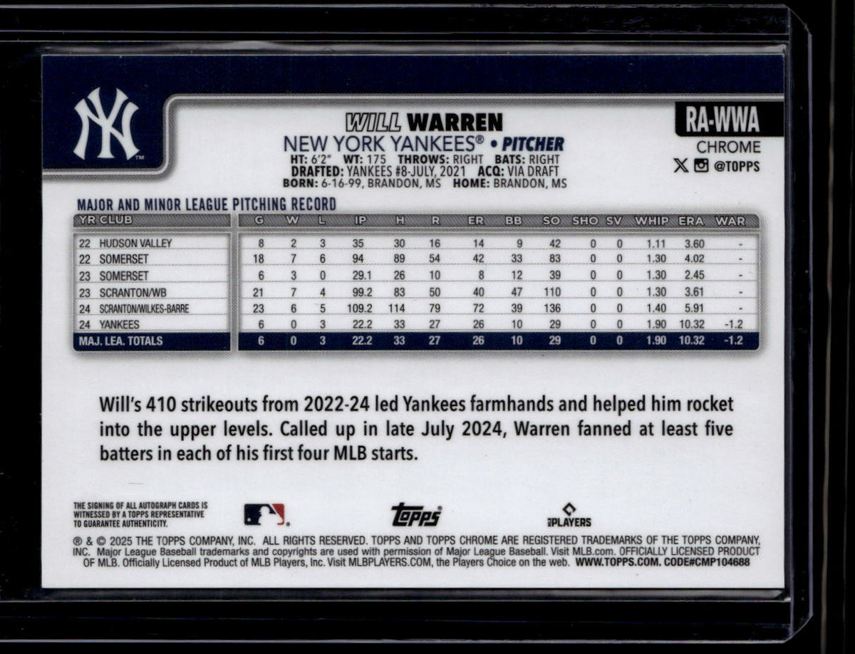 2025 Topps Chrome Rookie Autographs RAWWA Will Warren Rookie Auto