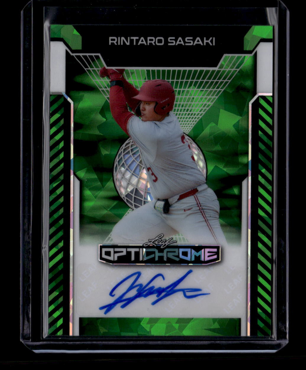 SOLD 180440 2025 Leaf Optichrome Green Crystal bars1 Rintaro Sasaki Rookie Auto 6/6