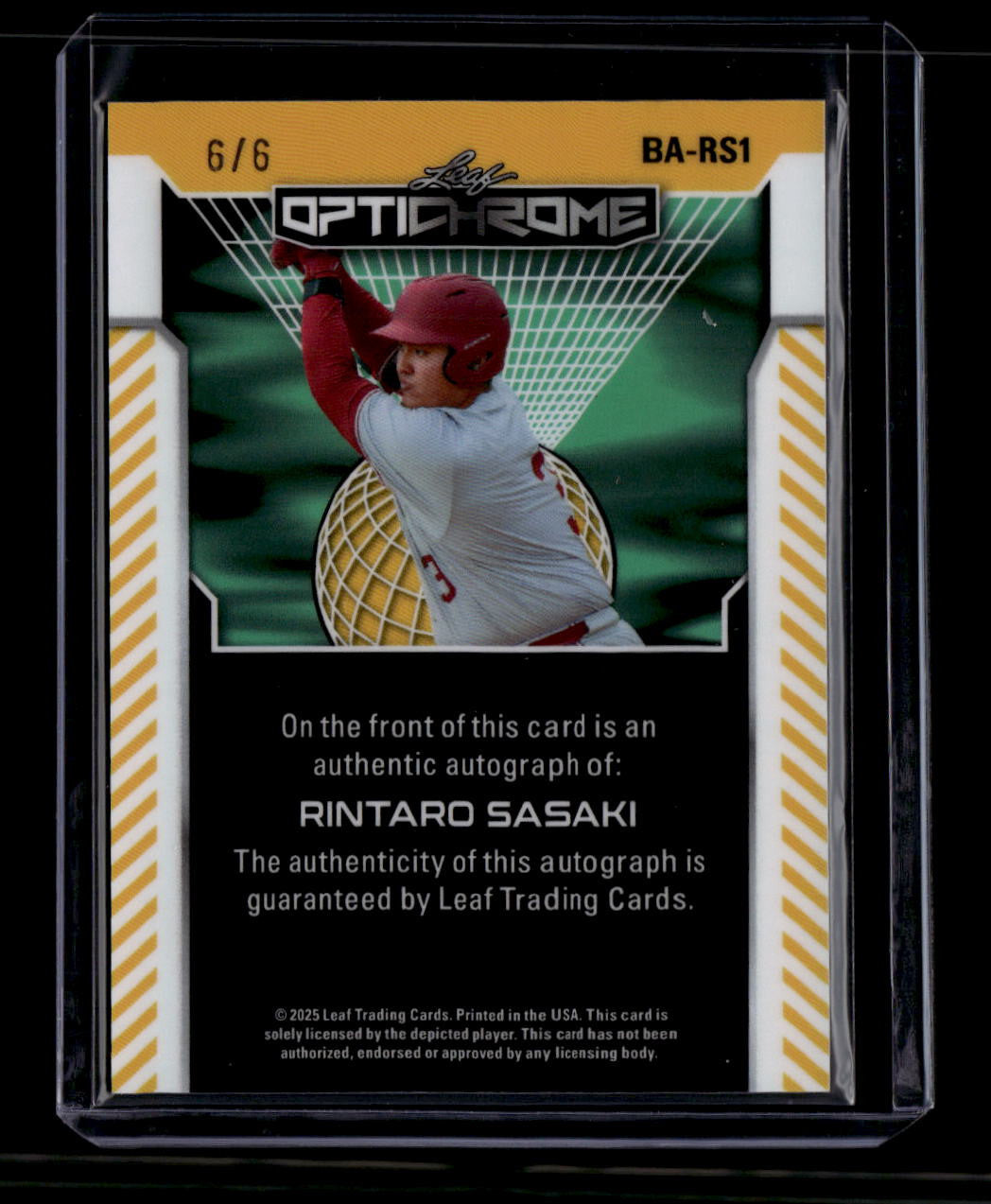 SOLD 180440 2025 Leaf Optichrome Green Crystal bars1 Rintaro Sasaki Rookie Auto 6/6