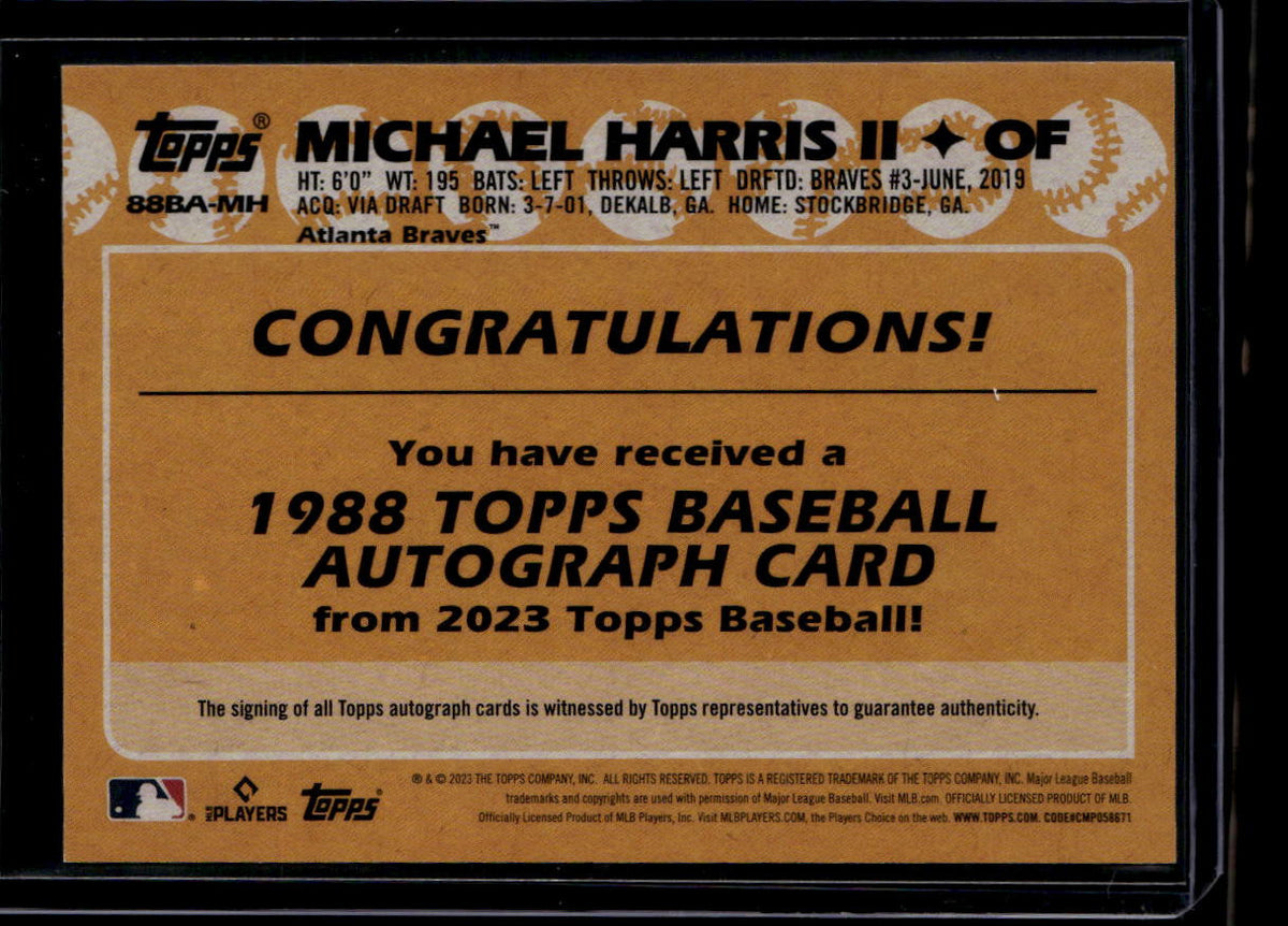 SOLD 180445 2023 Topps '88 Topps Autographs 88bamh Michael Harris Rookie Auto