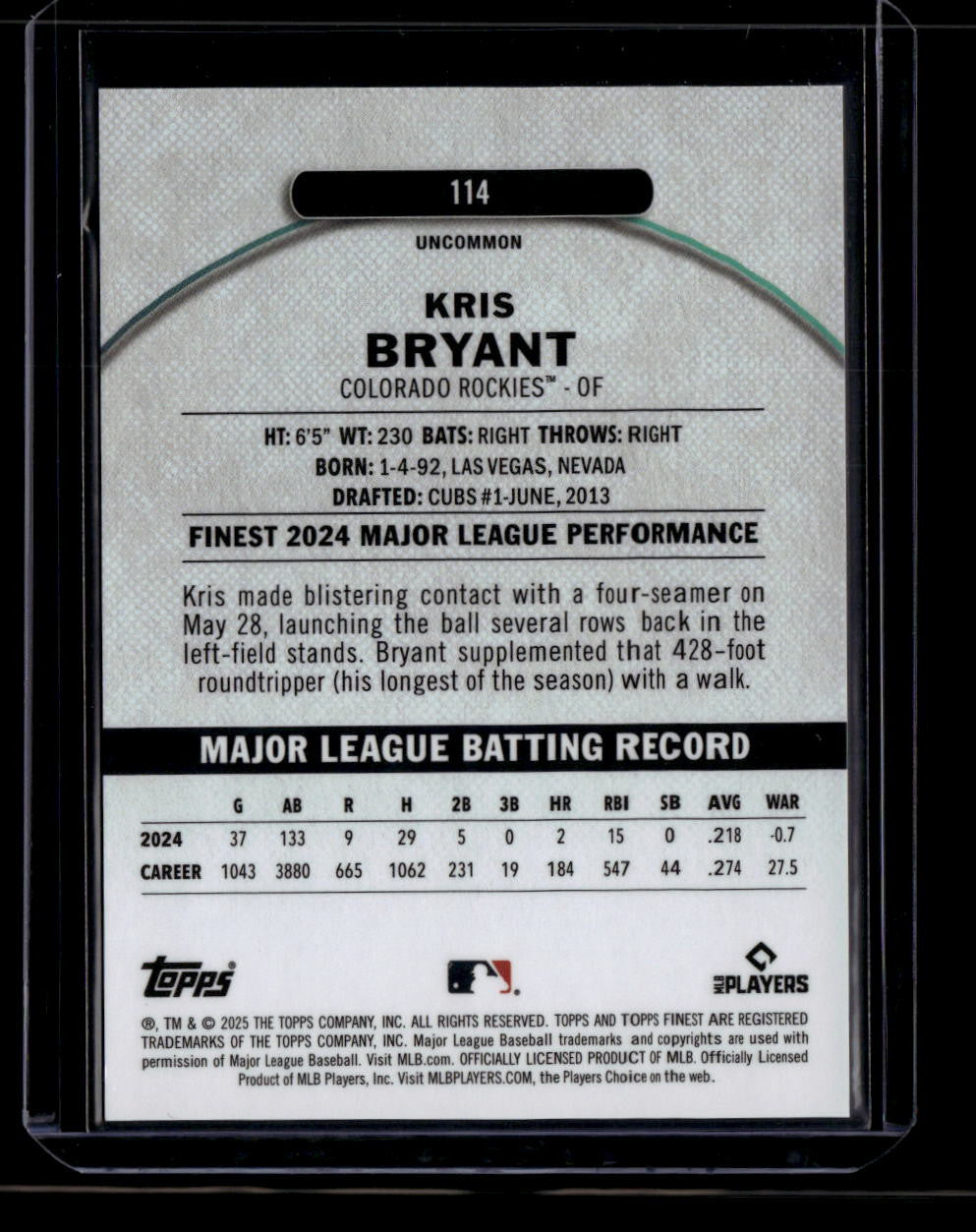 2025 Finest Black Refractor 114 Kris Bryant 9/15 Uncommon