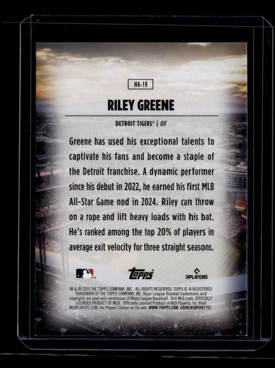 SOLD 180471 2025 Topps Home Field Advantage ha19 Riley Greene