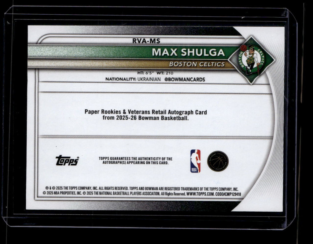 2025-26 Bowman Rookie Veteran Autographs Orange Border Max Shulga RC Auto 11/25