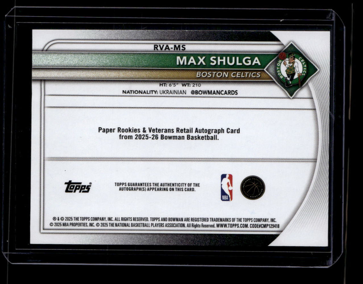 2025-26 Bowman Rookie Veteran Autographs Orange Border Max Shulga RC Auto 11/25