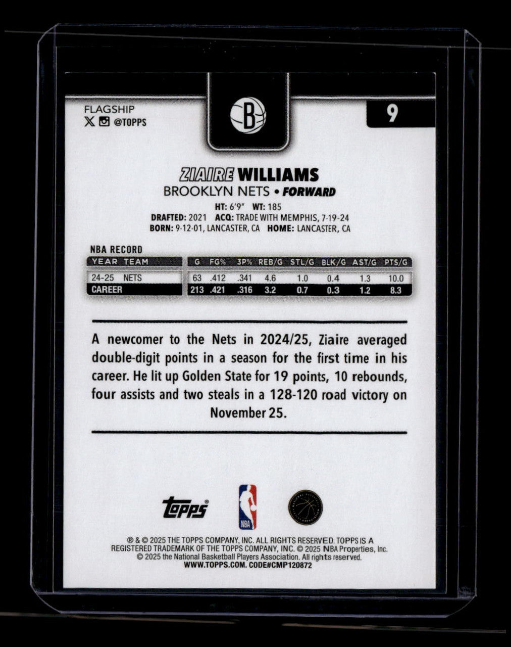 2025-26 Topps Red Holo Foil 9 Ziaire Williams 2/5