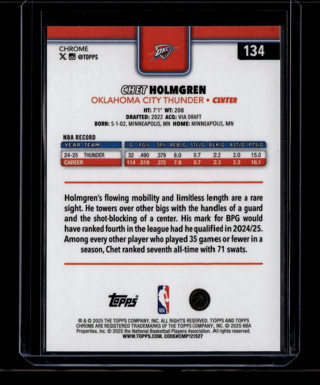 2025-26 Topps Chrome Gold Basketball Refractor 134 Chet Holmgren 19/50