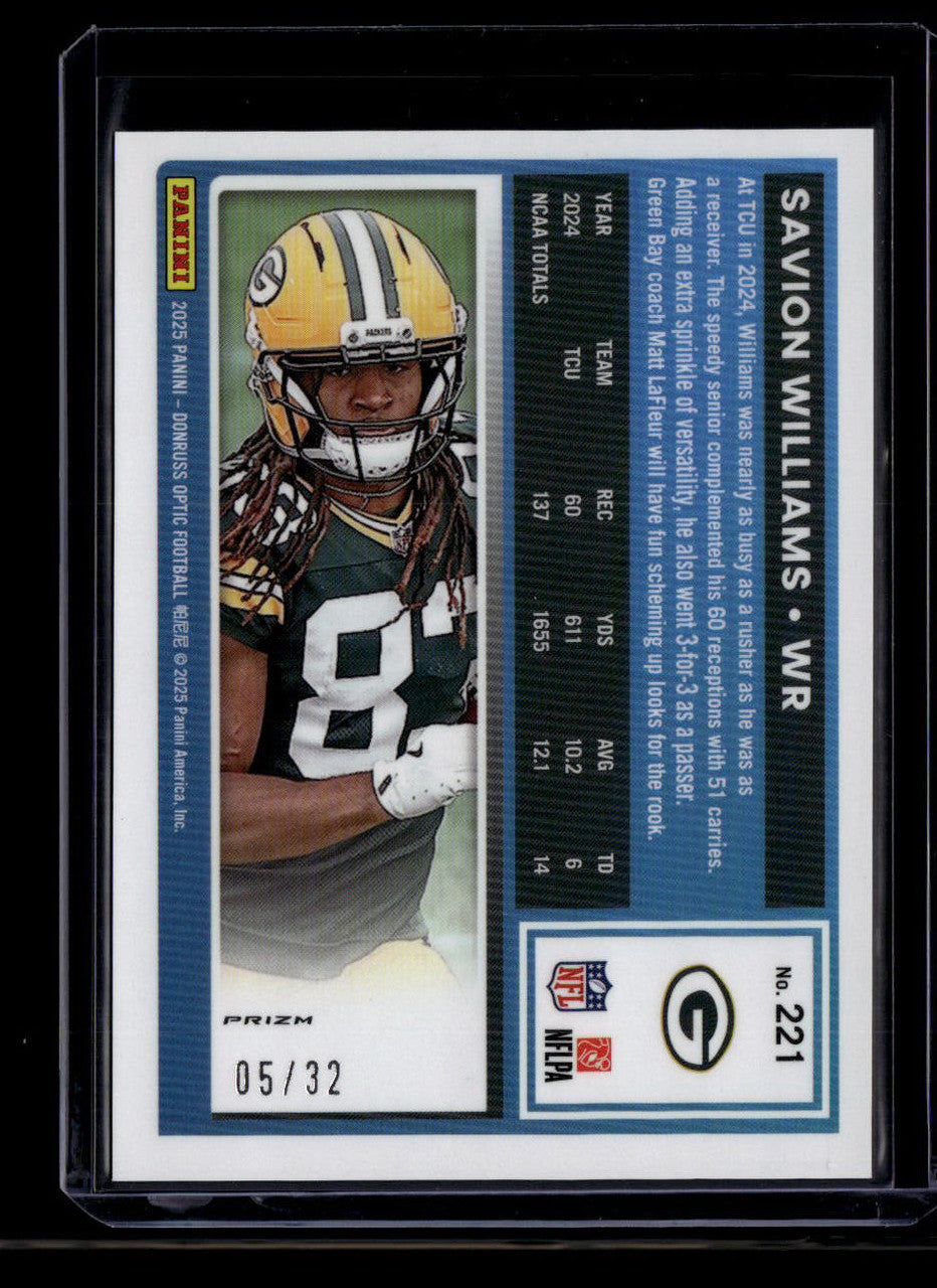 SOLD 180494 2025 Donruss Optic Team Logo Refractor 221 Savion Williams RR Rated Rookie 5/32