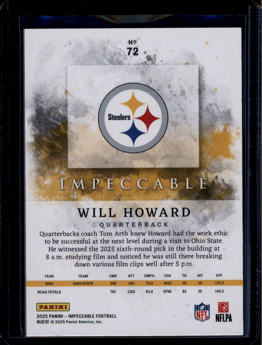 SOLD 180498 2025 Panini Impeccable Bronze 72 Will Howard Rookie 22/25