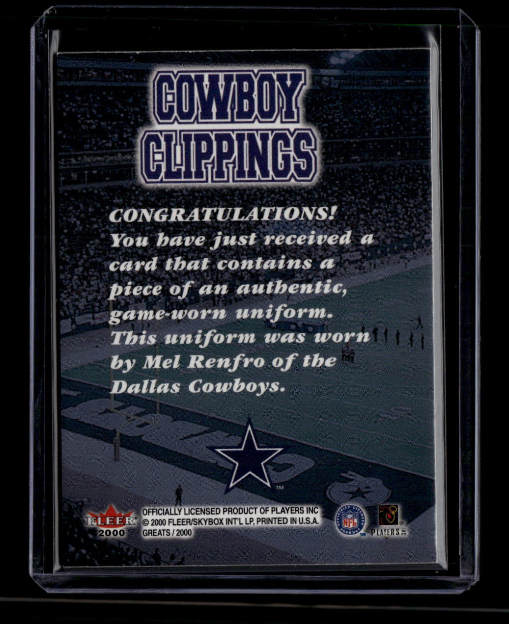 2000 Greats of the Game Cowboy Clippings 9ccl Mel Renfro Uniform Blue Patch