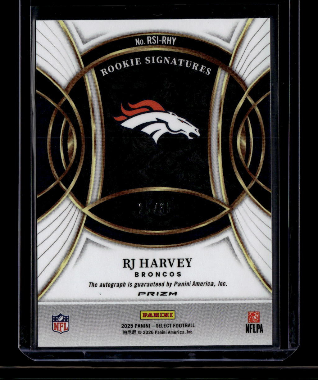 SOLD 180517 2025 Select Rookie Signatures Prizm White 7 RJ Harvey Rookie Auto 25/35