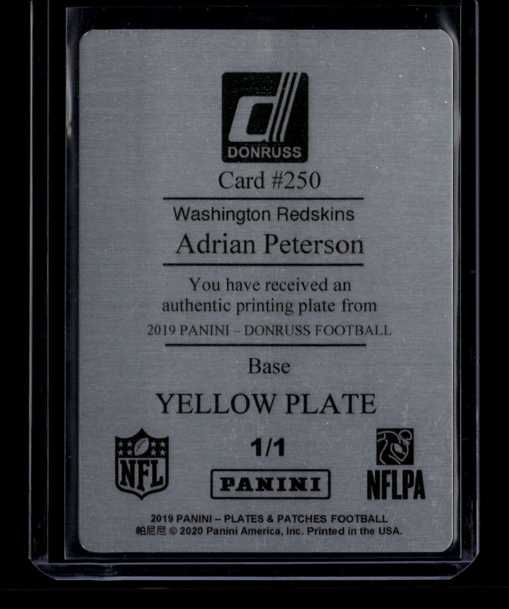 2019 Donruss Plates and Patches Printing Plate Yellow 250 Adrian Peterson 1/1