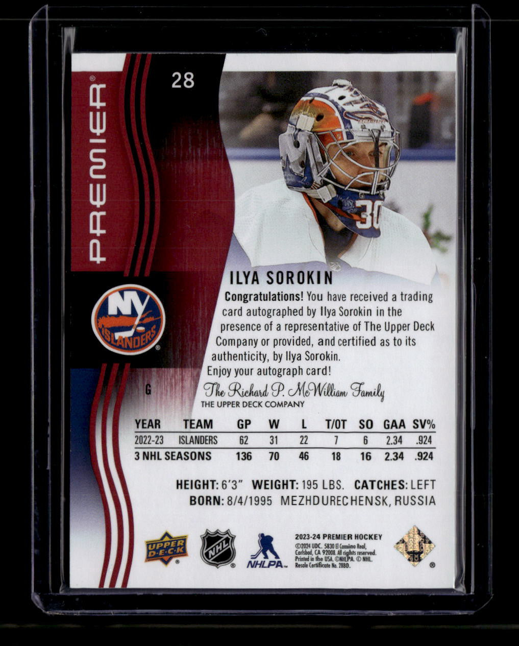 2023-24 Upper Deck Premier Autographs 28 Ilya Sorokin Auto