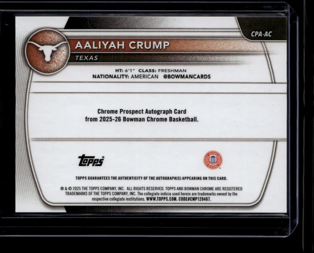 2025-26 Bowman Chrome U Autographs Blue Refractor Aaliyah Crump RC Auto 145/150