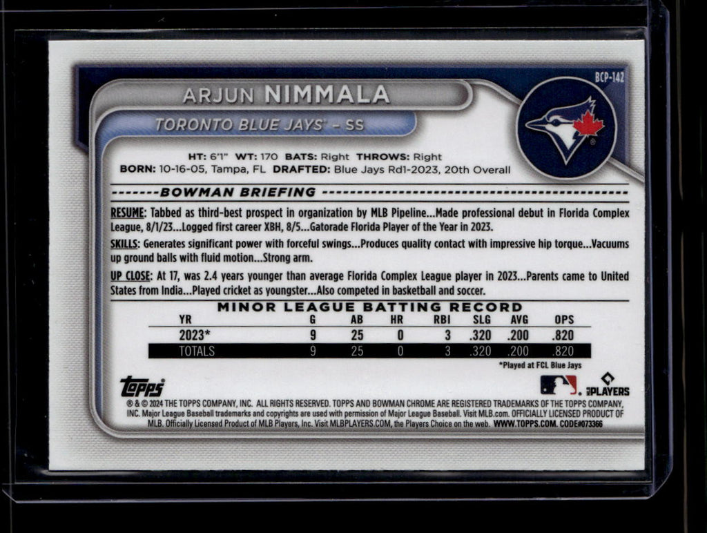 2024 Bowman Chrome Mega Prospects Blue Refractor bcp142 Arjun Nimmala RC 103/150
