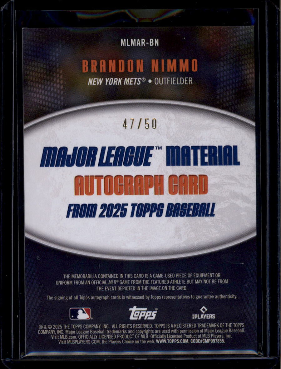 2025 Topps Major League Materials Autographs Brandon Nimmo Jersey Auto 47/50
