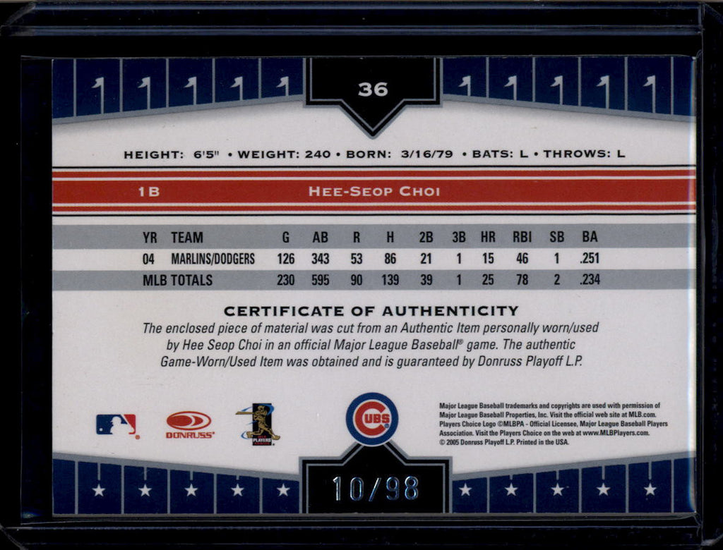 2005 Donruss Champions Impressions Material Prime 36 Hee Seop Choi Patch 10/98
