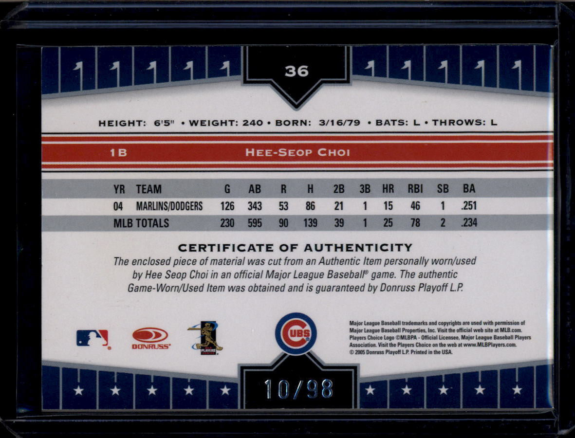 2005 Donruss Champions Impressions Material Prime 36 Hee Seop Choi Patch 10/98