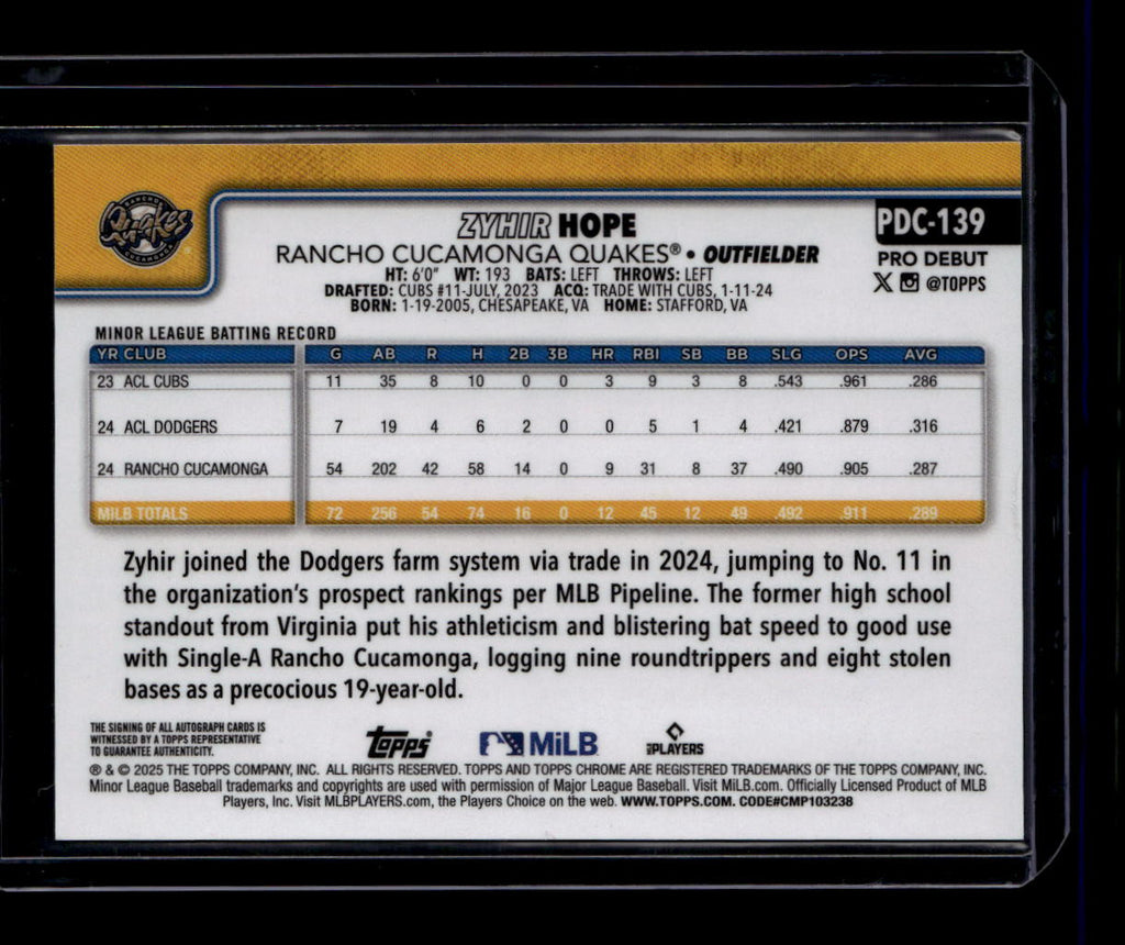 SOLD 180604 2025 Topps Pro Debut Chrome Autogrpahs Refractor pdc139 Zyhir Hope RC Auto /199