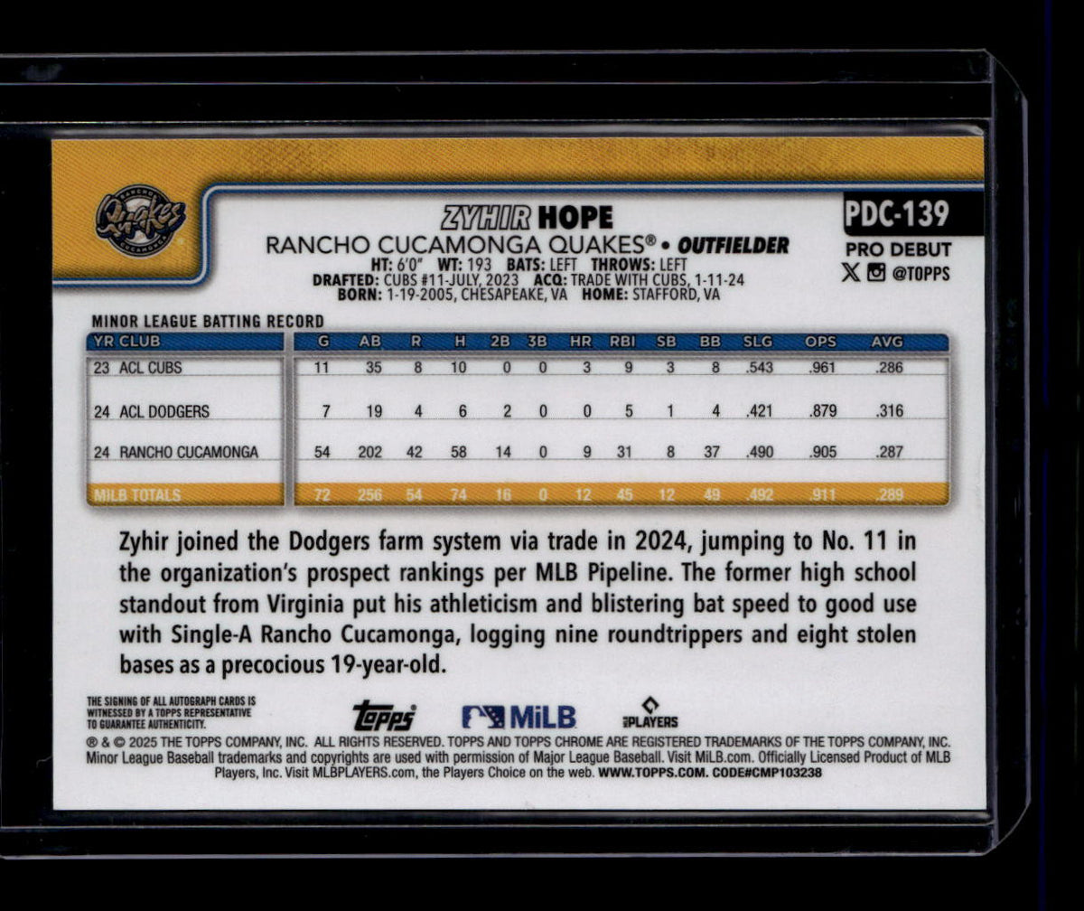 SOLD 180604 2025 Topps Pro Debut Chrome Autogrpahs Refractor pdc139 Zyhir Hope RC Auto /199