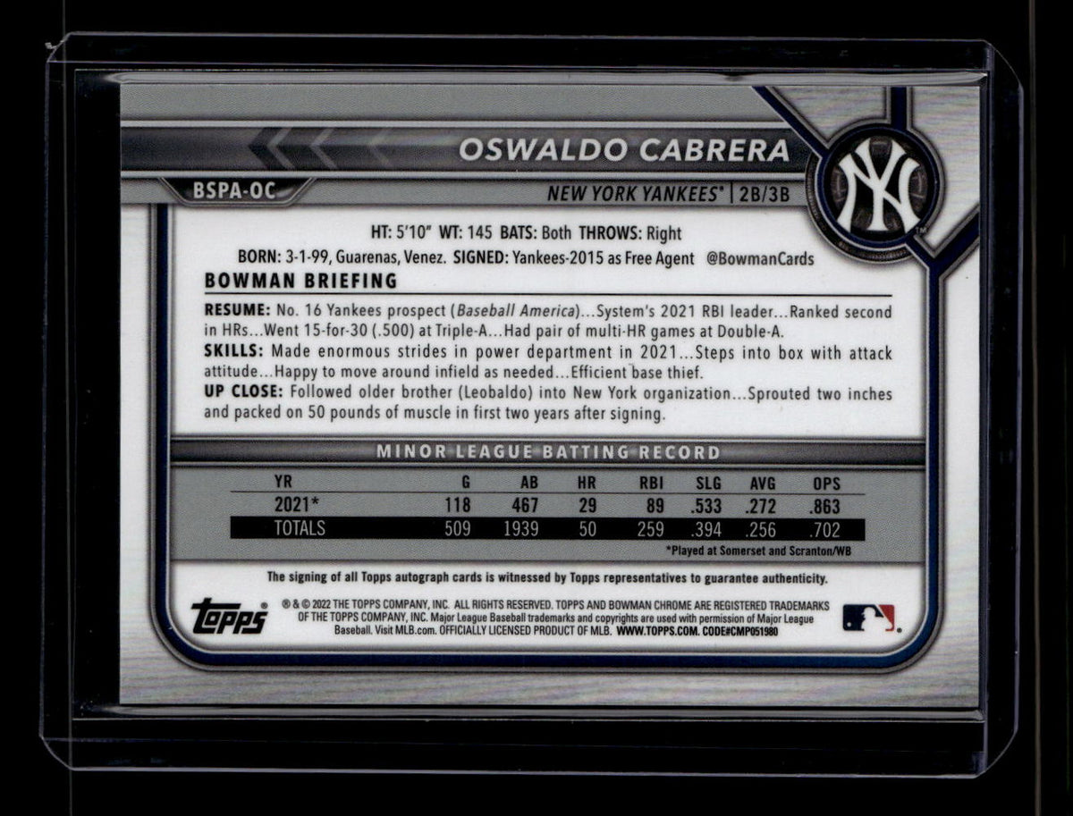 SOLD 180605 2022 Bowman Chrome Sapphire Prospect Autographs BSPAOC Oswaldo Cabrera RC Auto