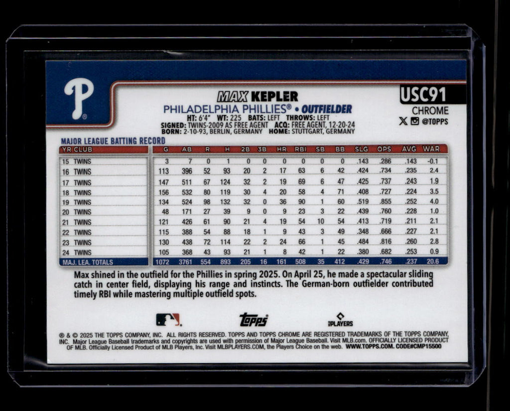 SOLD 180616 2025 Topps Chrome Update Black Refractor usc91 Max Kepler 1/10