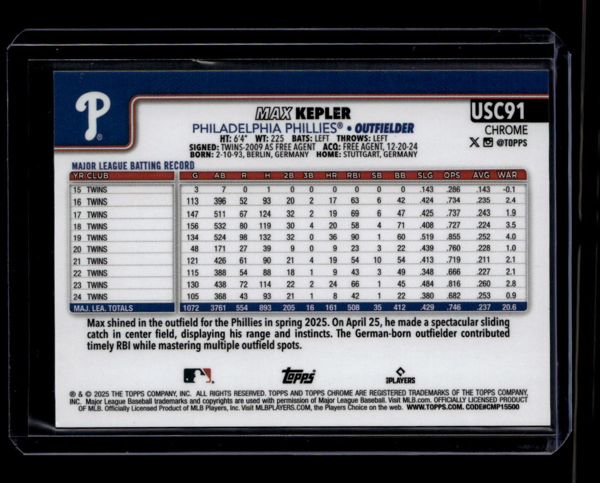 SOLD 180616 2025 Topps Chrome Update Black Refractor usc91 Max Kepler 1/10