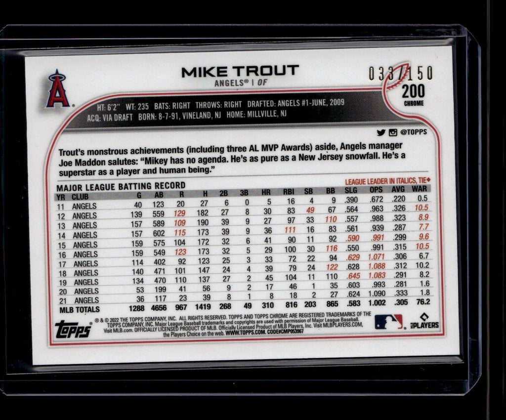 2022 Topps Chrome Blue Refractor 200 Mike Trout 33/150