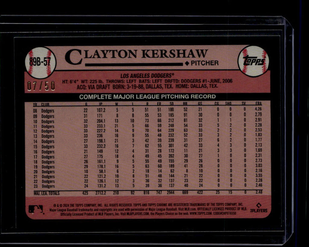 2024 Topps '89 Topps Gold Foil 89b57 Clayton Kershaw 7/50