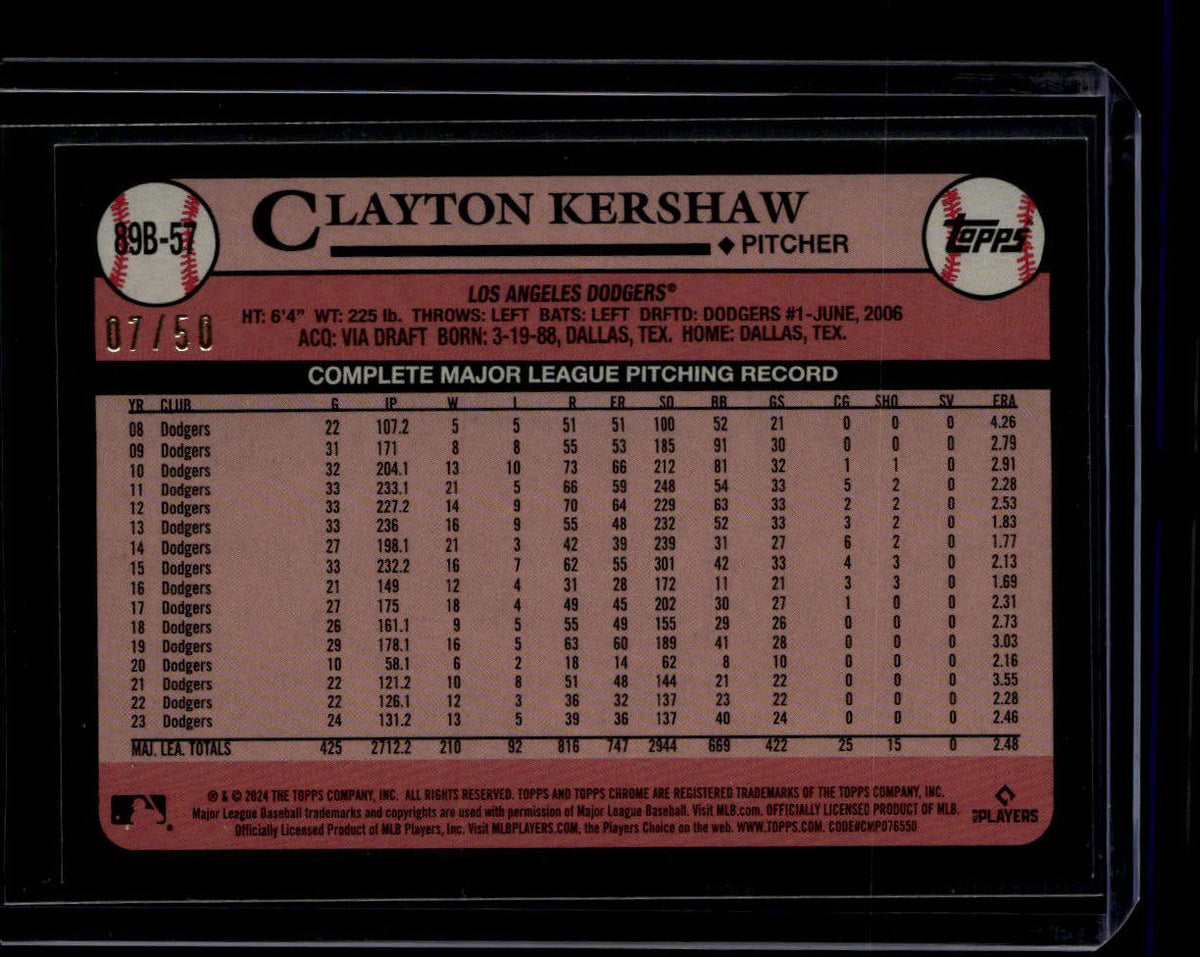 2024 Topps '89 Topps Gold Foil 89b57 Clayton Kershaw 7/50