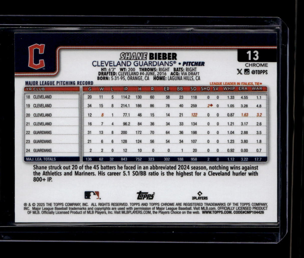2025 Topps Chrome Sapphire Black Refractor 13 Shane Bieber 6/10