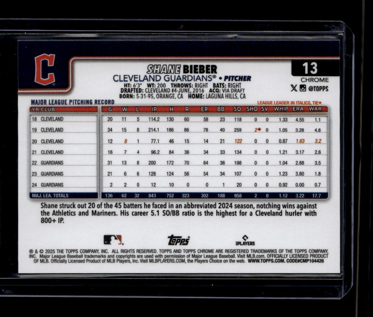 2025 Topps Chrome Sapphire Black Refractor 13 Shane Bieber 6/10