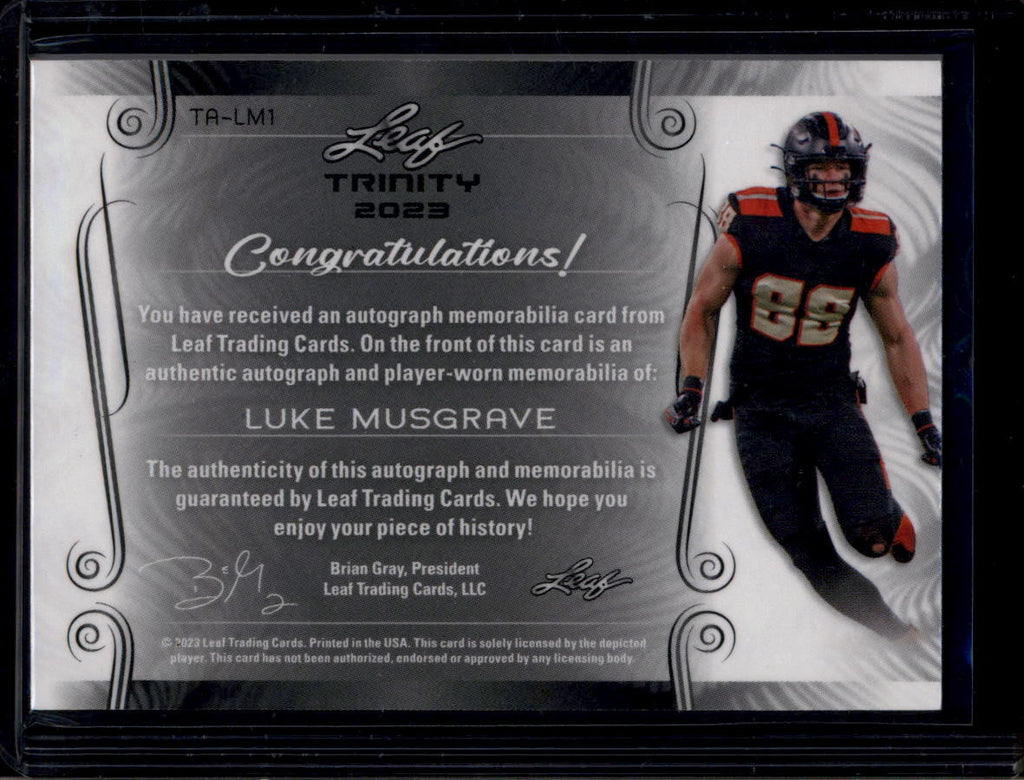 2023 Leaf Trinity Autographs Black Gold Luke Musgrave RC Triple Patch Auto 1/1