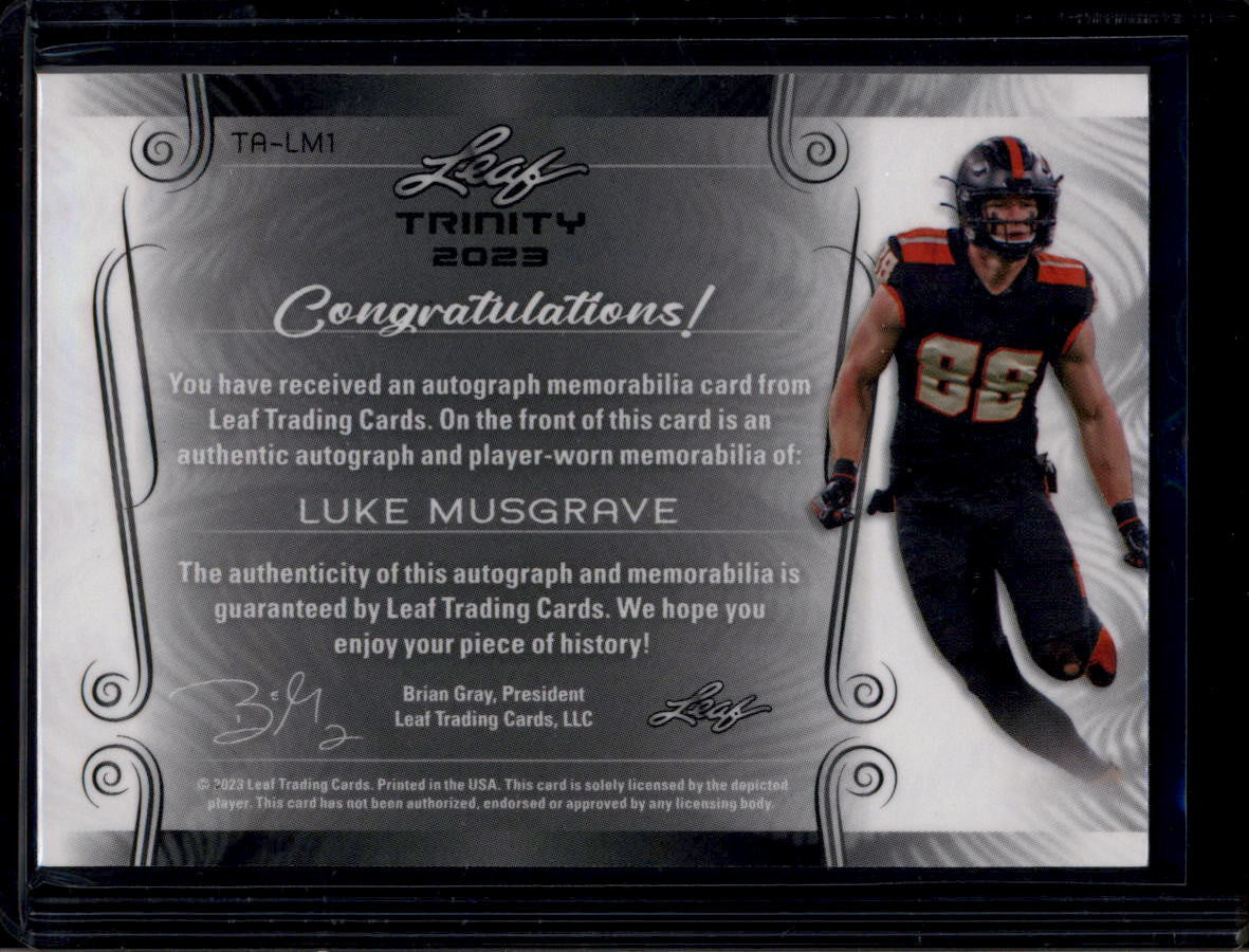 2023 Leaf Trinity Autographs Black Gold Luke Musgrave RC Triple Patch Auto 1/1