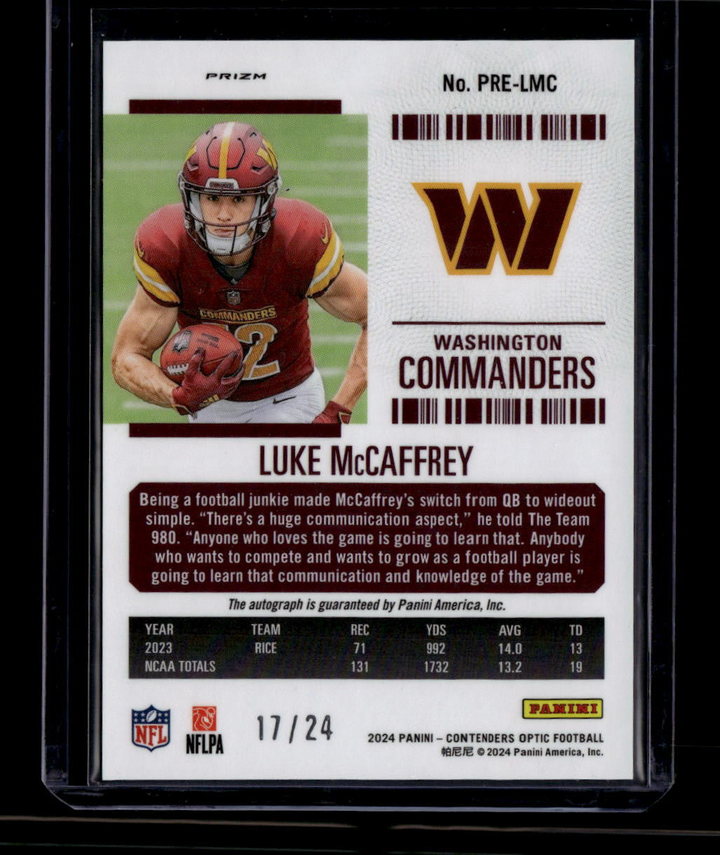 2024 Zenith Optic Contenders RPS Preview Green Luke McCaffrey Rookie Auto 17/24