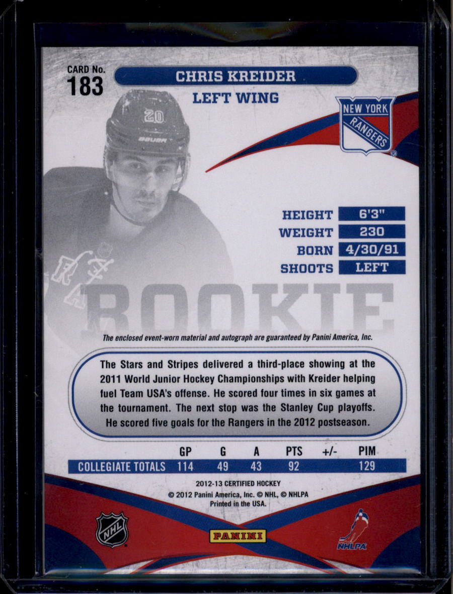 2012-13 Certified 183 Chris Kreider Rookie Jersey Auto 291/499
