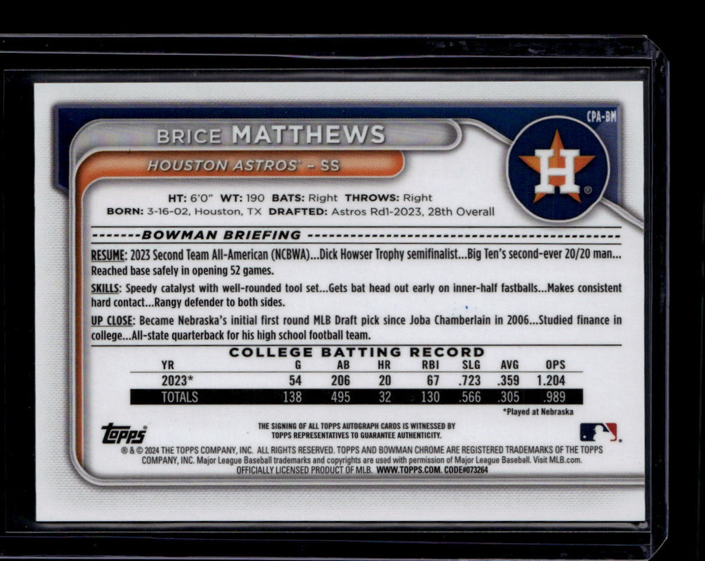 2024 Bowman Chrome Prospect Autographs CPABM Brice Matthews Rookie Auto