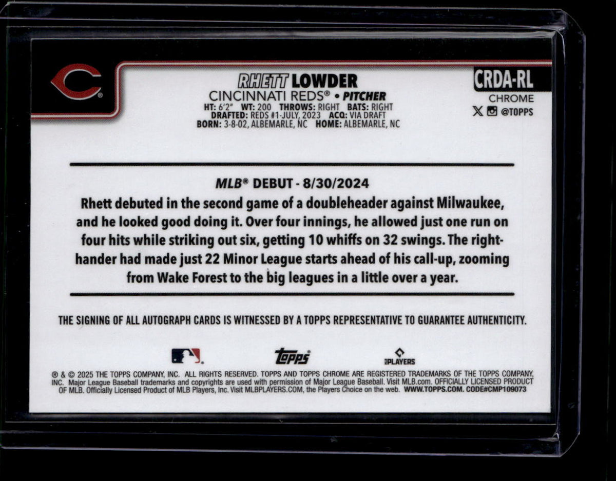 2025 Topps Chrome Autographs Blue RayWave Refractor Rhett Lowder RC Auto 10/150