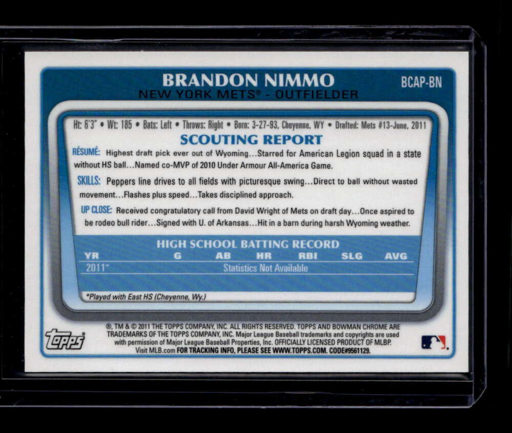 SOLD 180705 2011 Bowman Chrome Draft Prospect Autographs BN Brandon Nimmo Rookie Auto