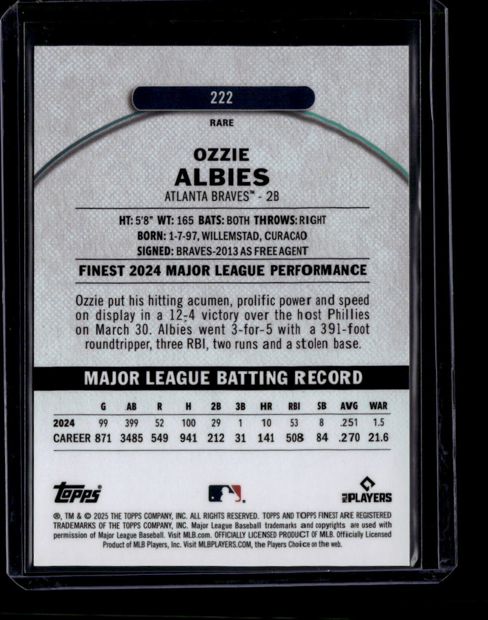 2025 Finest Black Refractor 222 Ozzie Albies 5/10 Rare